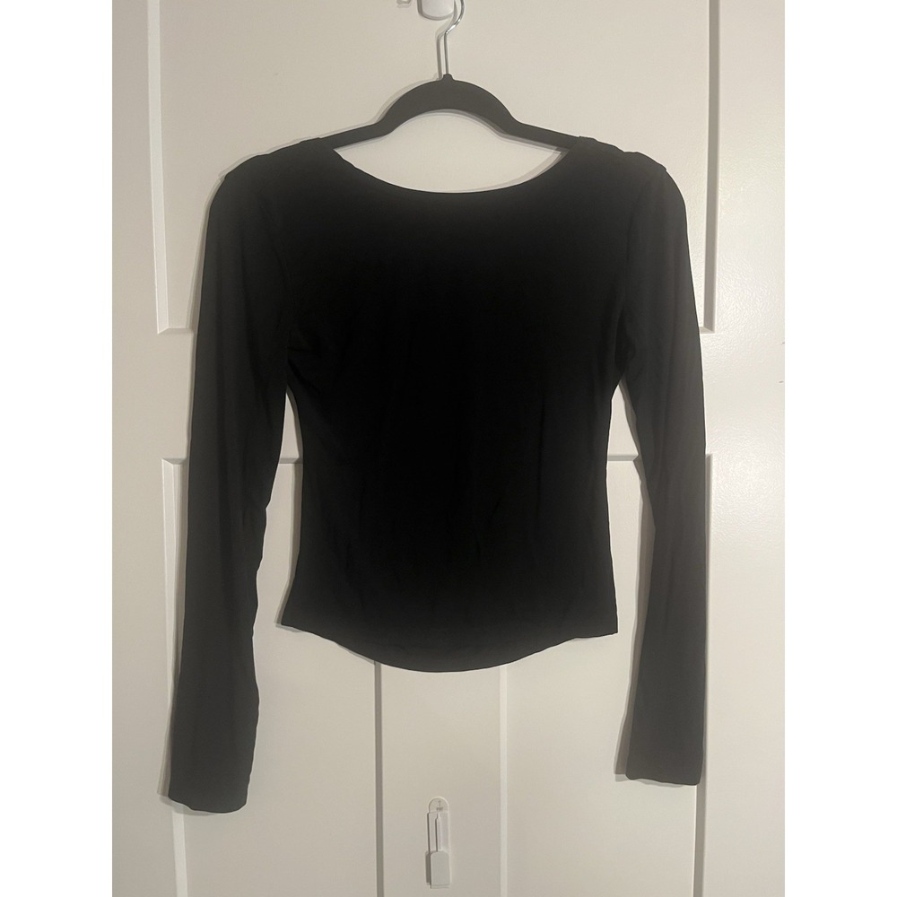 Women's Black Long Sleeve Open Back Drape Top Size M Stretch Rayon Spandex